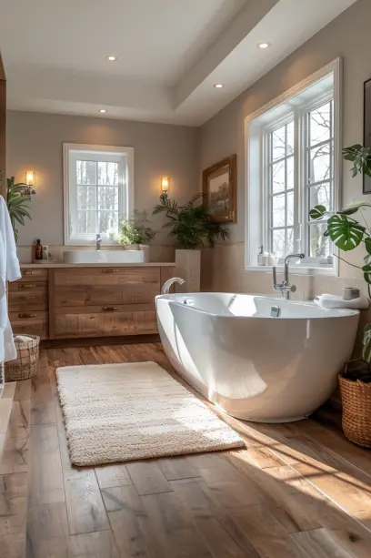 bathroom, engineered wood flooring, humidity resistance, modern fixtures, minimalistic