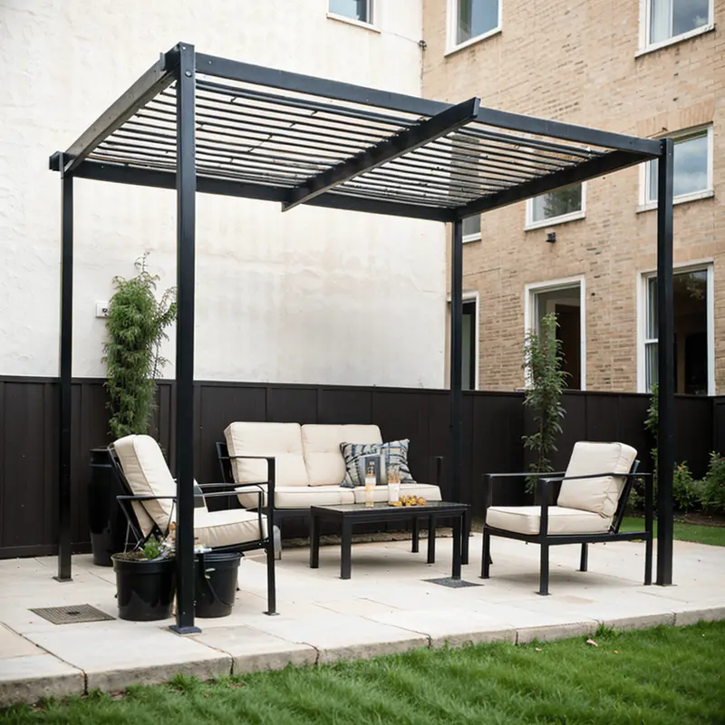 black white seatings pergola metal idea minimalist