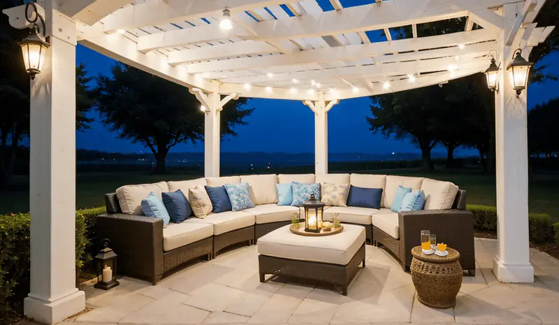 coastal pergola, beachy backyard, humidity-resistant materials, light hues, nautical accents
