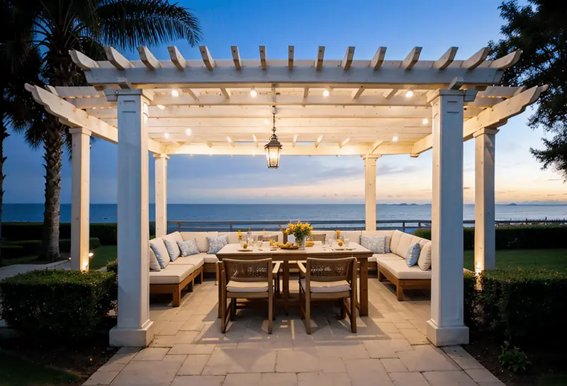 coastal pergola, beachy backyard, humidity-resistant materials, light hues, nautical