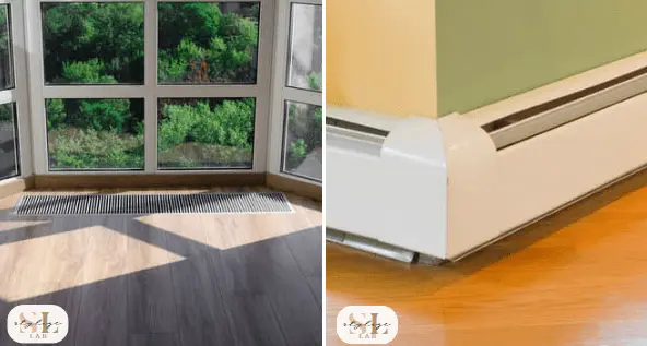 curtains hang above baseboard