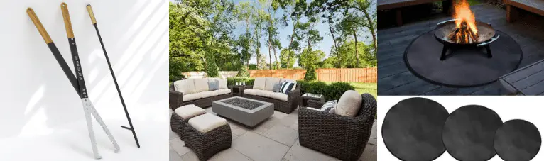 fire poker and tongs, seating, protective mat for fire pit