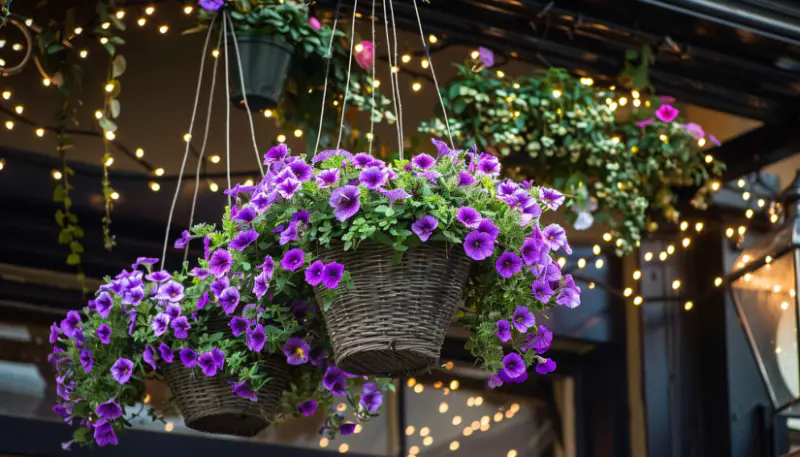 hanging garden, balcony, petunias, ivy, lobelia, colorful flowers