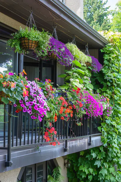 hanging garden, balcony, petunias, ivy, lobelia, colorful flowers.