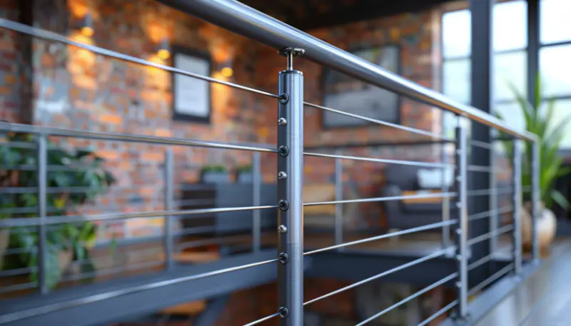 industrial stair railing, steel cable, urban loft, modern design, scenic view preservation .