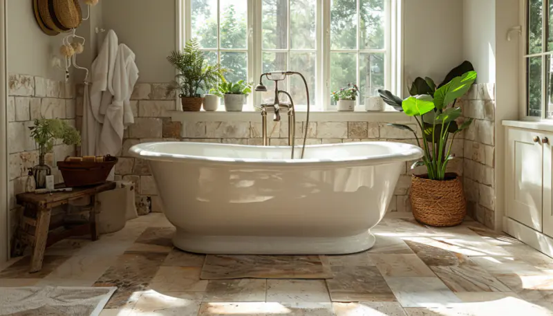 limestone tiles, natural texture, bathroom, earthy warmth, durable bath