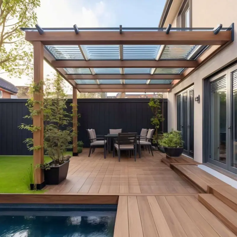 louvered panels, glass and polycarbonate roof, natural light, elegant idea
