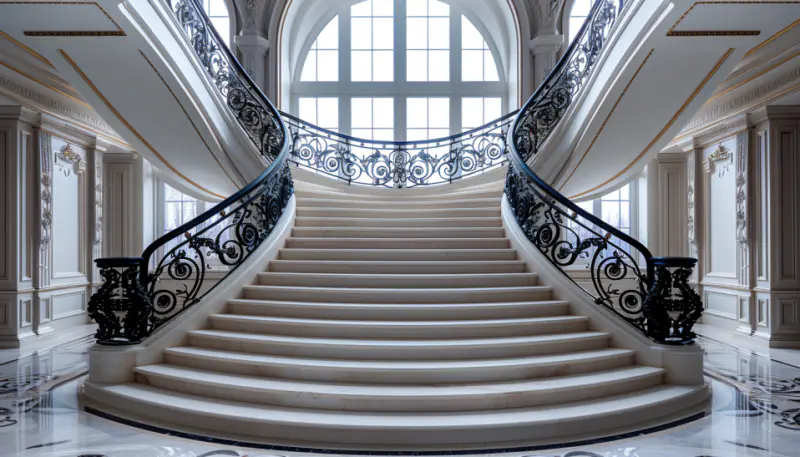 luxurious, ornamental iron railing, intricate patterns, median house, sophisticated detailing, natural lighting.....