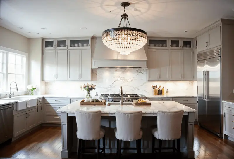 ornate fixture above the island kitchen