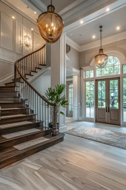 pendant lighting over staircase railings.