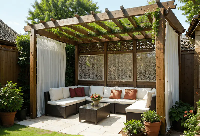 pergola, privacy, decorative screen, curtains, climbing plants, garden