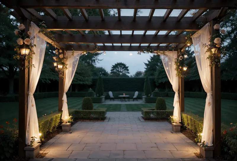 pergola, recessed lighting, garden, dusk, ambient light, roses, vines