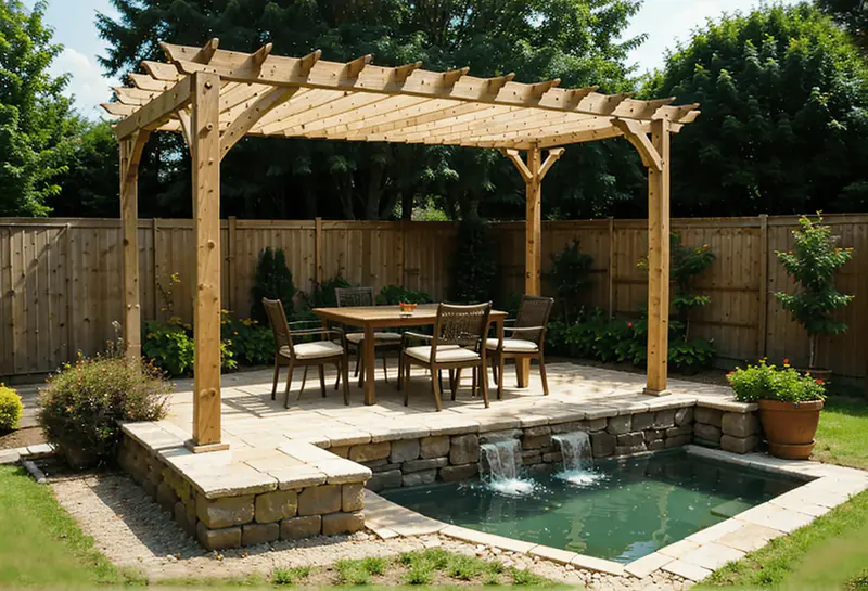 pergola with small waterfall