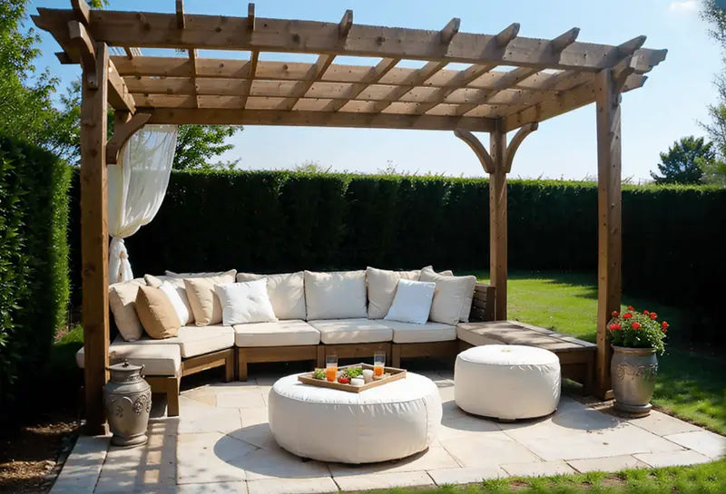 pergola with white poufs
