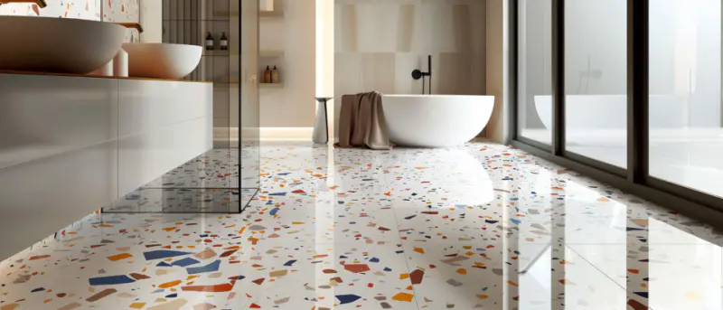polishing terrazzo flooring in a modern bathroom