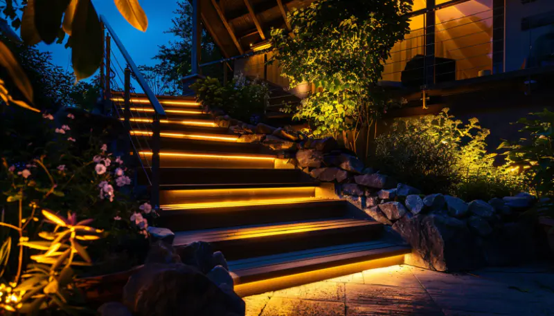 recessed step lights, softly illuminated stairs, gentle upward glow, staircase lighting nature