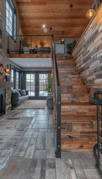 staircase, metal pipe railings, industrial, matte finish, interior design ..