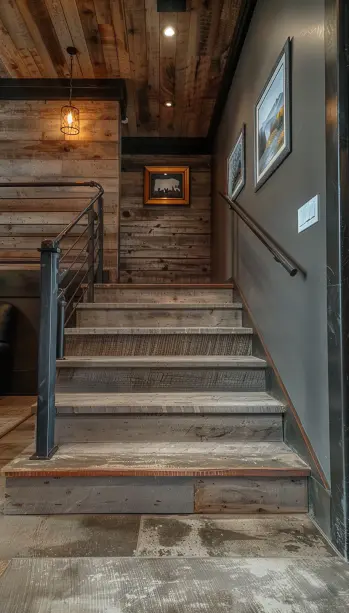 staircase, metal pipe railings, industrial, matte finish, interior design.