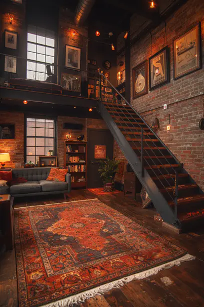 staircase, metal pipe railings, industrial, matte finish, interior design