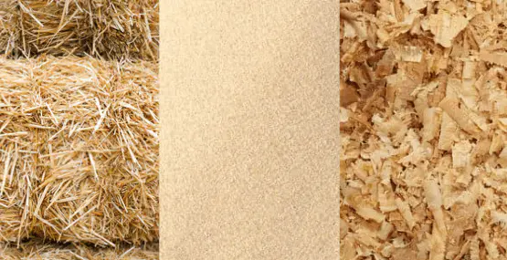 straw, hay, sand and wood shavings