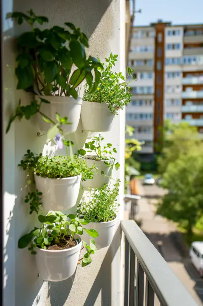 vertical herb garden, balcony, hanging planters, basil, thyme, parsley, cilantro