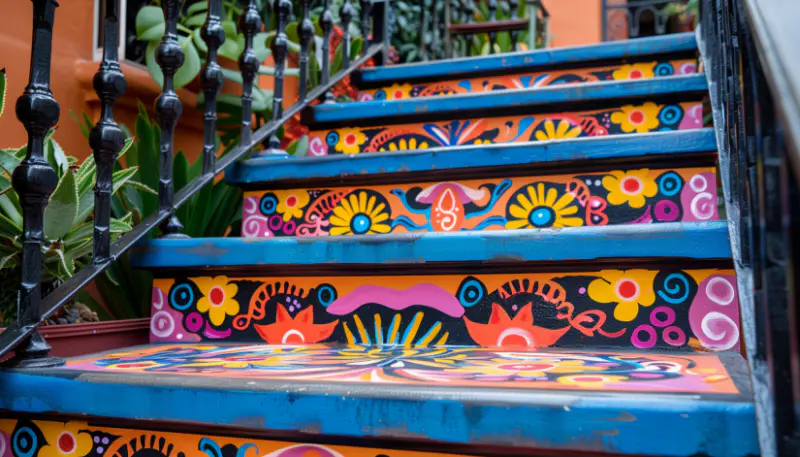 vibrant, painted metal railings, bright colors, modern home, bold, contemporary design.
