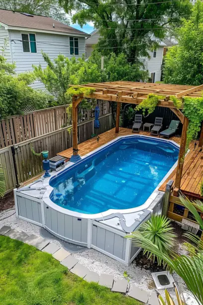 Aerial View of Above-Ground Pool with Privacy Fence and Ivy-Covered Pergola