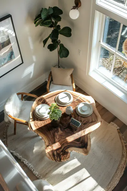 Aerial view of a compact dining room with a round live edge dining table and space-saving chairs