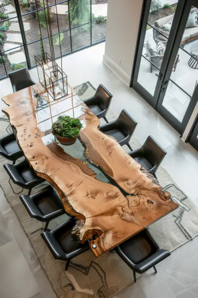 Aerial view of a dining room featuring a live edge wood dining table with glass accents, contemporary chairs, and abundant natural light