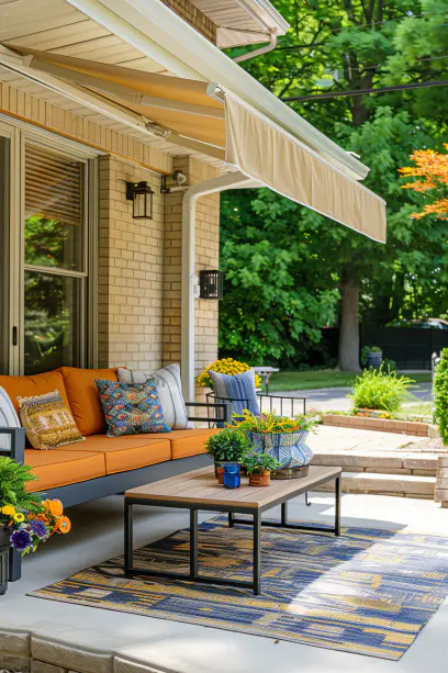 Aerial view of a modern front porch with an elegant awning, stylish furniture, potted plants, and a landscaped garden-