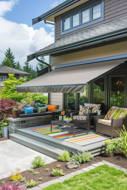 Aerial view of a modern front porch with an elegant awning, stylish furniture, potted plants, and a landscaped garden.