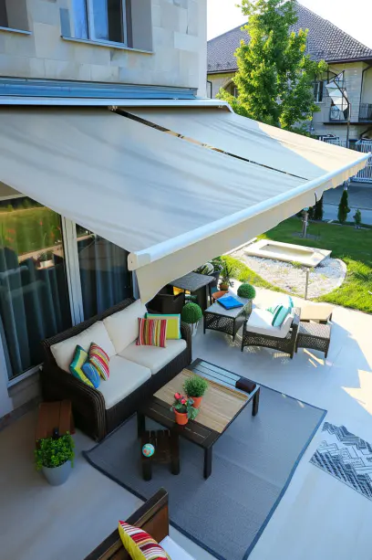 Aerial view of a modern front porch with an elegant awning, stylish furniture, potted plants, and a landscaped garden
