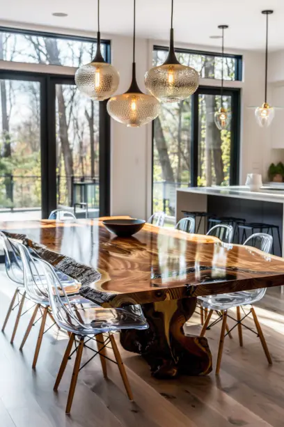 Aerial view of a modern living room with a sleek live edge dining table