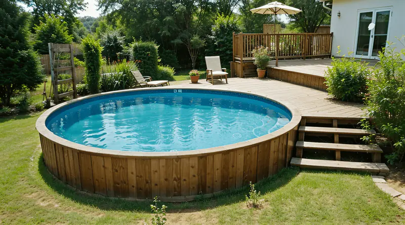 Aerial view of a multi-level deck around an above-ground pool with distinct zones for lounging, dining, and sunbathing, featuring built-in seating with storage and lush surrounding greenery