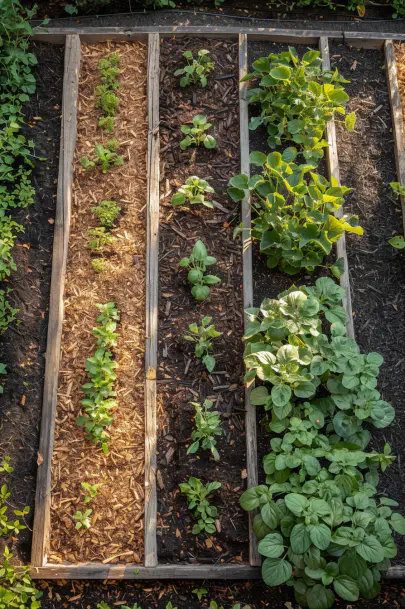 Aerial view of a raised bed garden with sections mulched with shredded leaves, wood chips, and rotten hay.