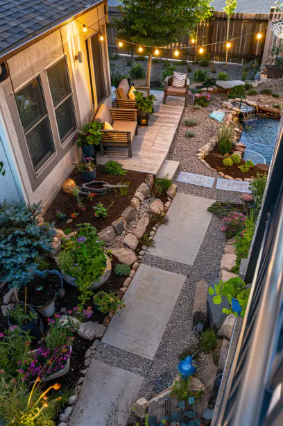 Aerial view of an inviting modern suburban front porch with eco-friendly design elements, vibrant plant life, and a cozy seating area..