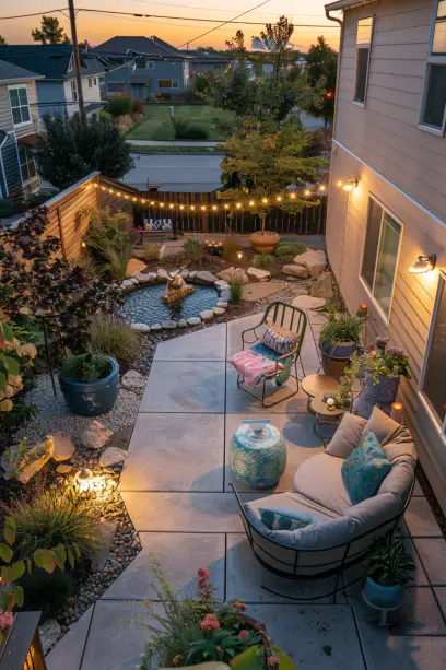 Aerial view of an inviting modern suburban front porch with eco-friendly design elements, vibrant plant life, and a cozy seating area