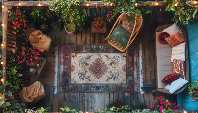 Aerial view of cozy front porch nook with luxurious throws and pillows-