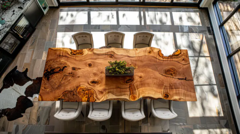 Aerial view of luxurious dining room with custom live edge dining table, elegant minimalist furniture, and natural light.