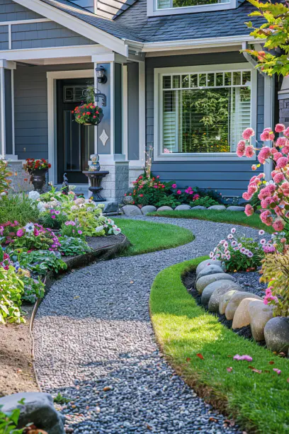 Average-sized house entrance with gravel-pebble lawn edging in brown, beige, and white, enhancing garden beds and pathway.