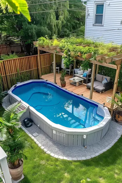 Backyard with Above-Ground Pool, Wooden Privacy Fence and pergola