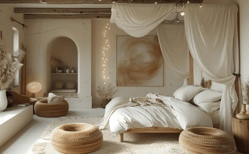 Bohemian bedroom, four-poster bed, cotton drapes, string lights, wooden platform bed, minimalist, daybed, small space