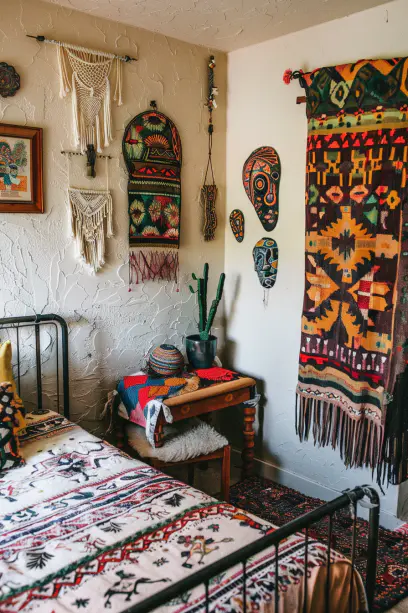 Bohemian bedroom, wall decor, folk art, cultural pieces, hand-painted ceramics, embroidered textiles, tribal masks.