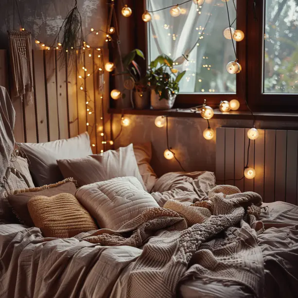 Boho bedroom, Moroccan lanterns, fairy lights, decorative lamps, soft lighting.