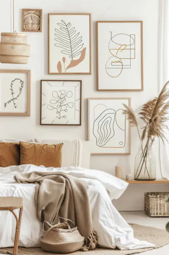 Boho bedroom, eclectic artwork, framed art, diverse styles