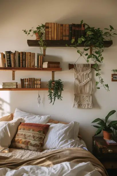 Boho bedroom, floating shelves, macramé organizers, small space decor.
