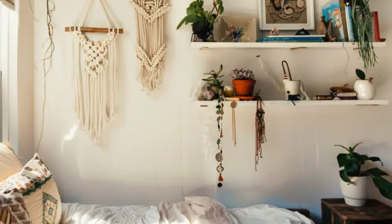 Boho bedroom, floating shelves, macramé organizers, small space decor