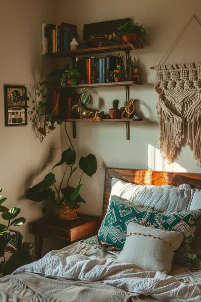 Boho bedroom, floating shelves, macramé organizers, small space decor