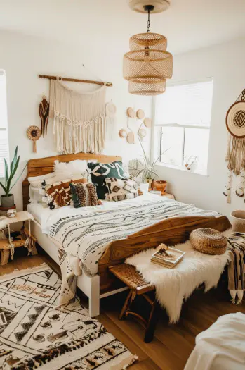 Boho bedroom, functional furniture, multi-tasking pieces, nesting tables, storage bench