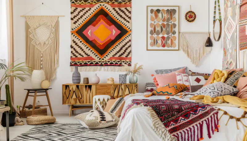 Boho bedroom, wall tapestry, gallery wall, macramé wall hangings.
